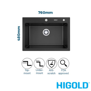 Higold 760mm Matte Black Granite Composite Single Bowl Workstation Kitchen Sink for modern Australian homes.