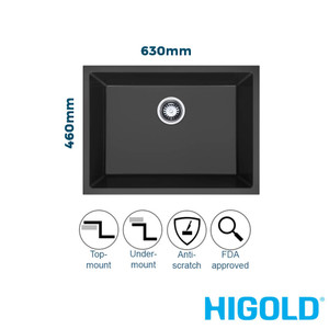 Higold 630mm matte black granite composite single bowl kitchen sink available at Renovator Store for topmount or undermount installation in Australia.