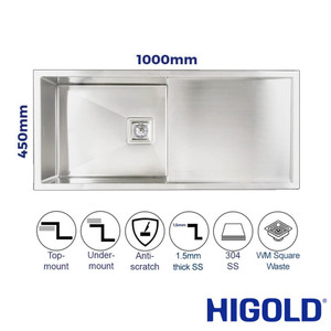 HIGOLD Vante 1000mm Brushed Stainless Steel Single Bowl Kitchen Sink with Integrated Drainer, Renovator Store Australia