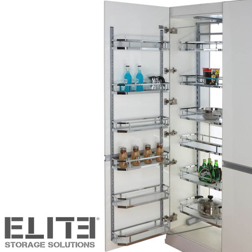Minimalist open-out kitchen pantry with thin stainless steel baskets from Renovator Store Australia.