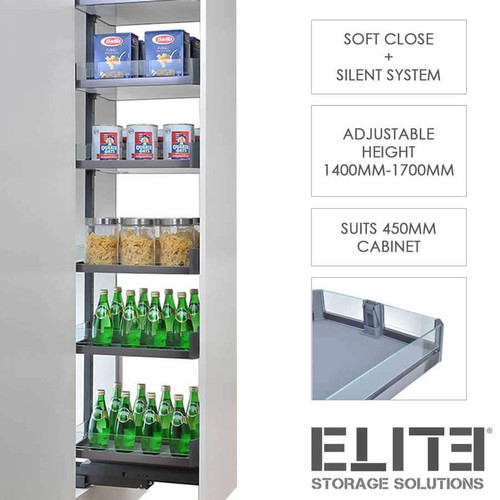 Elite Galley pull-out kitchen pantry with 6 adjustable glass-sided baskets and custom labels for organized storage, available at Renovator Store Australia.