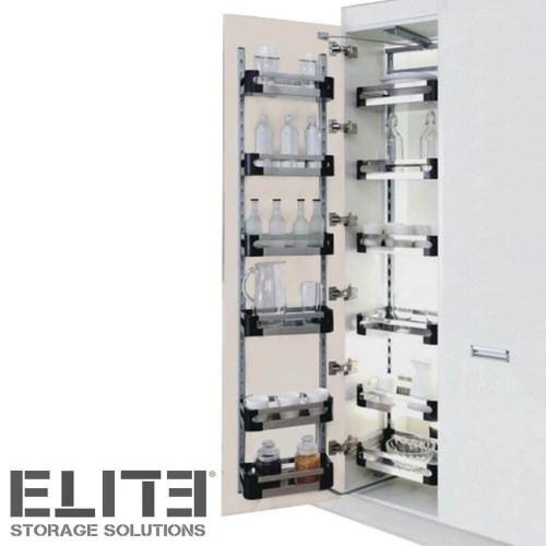 Elite heavy duty open out kitchen pantry with thick stainless steel baskets and chrome finish, modern kitchen storage solution Australia.