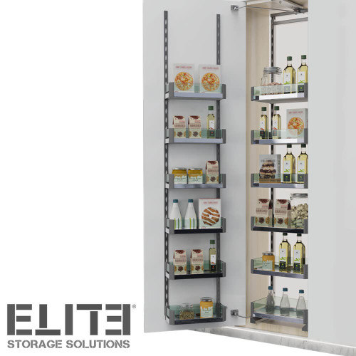 Elite Galley open-out tandem pantry with adjustable height and luxury glass-sided baskets for modern kitchen storage in Australia.