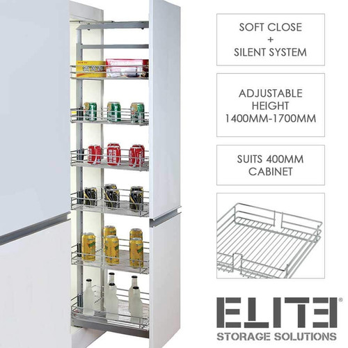 Elite pull-out kitchen pantry larder unit for 400mm cupboards with 1400-1700mm adjustable height, available at Renovator Store Australia.