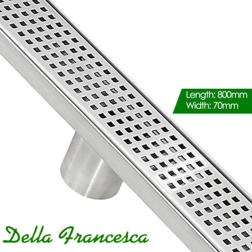 Modern 800mm Stainless Steel Square Hole Pattern Shower Grate with Centre Outlet for Australian Bathrooms