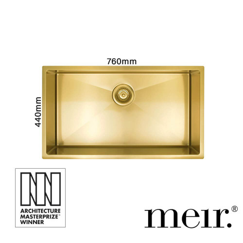 Meir Lavello Large Single Bowl Brushed Bronze Gold PVD Stainless Steel Kitchen Sink, 760mm x 440mm, Nano Coated for Modern Australian Kitchens.