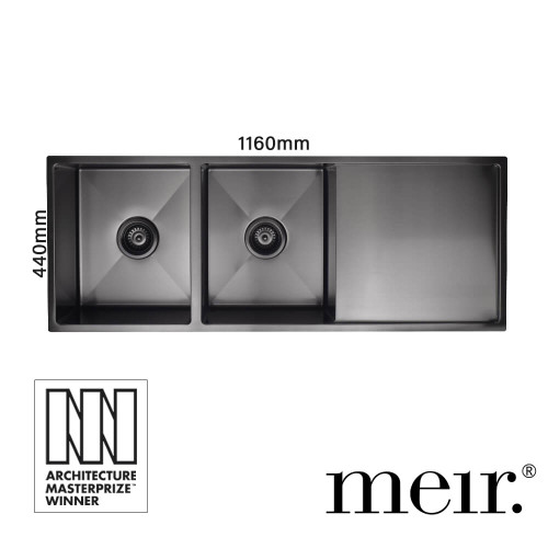 Meir Lavello Gunmetal Black Double Bowl Stainless Steel Kitchen Sink with Drainer, PVD Nano Coated, Australian Modern Kitchen Design.