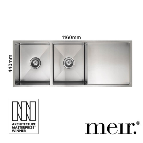 Meir Lavello Double Bowl Kitchen Sink with Drainer in PVD Brushed Nickel, Stainless Steel, Australian Kitchen Design.