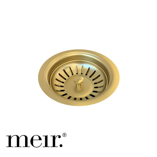Meir Lavello brushed bronze gold kitchen sink strainer and waste plug basket with stopper, a premium PVD finished sink accessory for modern Australian kitchen renovations.