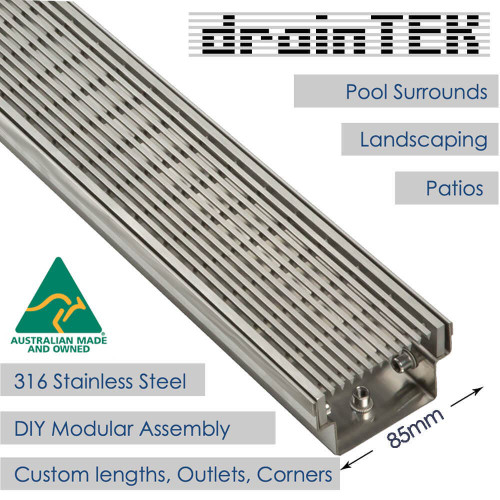 Wedge wire outdoor linear drainage channel in 316 stainless steel, 85mm wide, made in Australia.