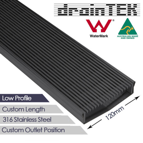 Matte Black 120mm Outdoor Wedge Wire Linear Drain Grate for Modern Australian Landscaping and Poolside Drainage.