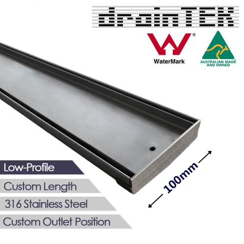 DrainTEK 100mm Wide Low Profile 316L Stainless Steel Tile Insert Custom Length Outdoor Linear Drainage Channel for Patios and Pools, Australia.