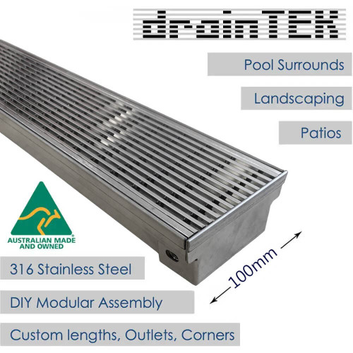 DrainTEK 100mm Wide 316L Stainless Steel Outdoor Wedge Wire Drainage Channel for Pool and Landscape Projects, Australia.