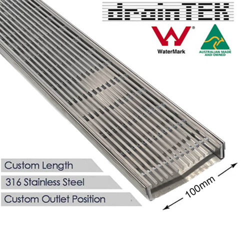 DrainTEK 100mm wedge wire heel guard shower grate, 316 stainless steel, custom-made in Melbourne Australia.