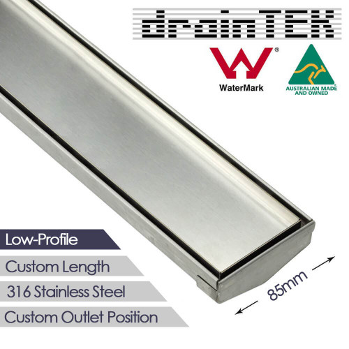 Custom-length 85mm tile insert outdoor linear drainage grate for landscaping and patios in Australia.