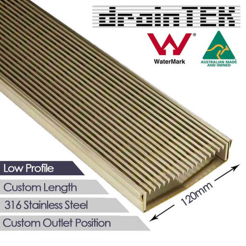 Brushed Brass 120mm Wedge Wire Linear Shower Grate for Modern Indoor Bathrooms Australia