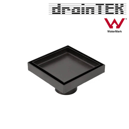 Modern Matte Black Tile Insert Square Floor Waste by DrainTEK, high-quality 316 stainless steel centre drain for Australian bathroom and outdoor renovations.