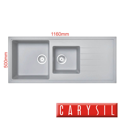 Carysil Vivaldi D200 one and a half bowl granite kitchen sink with reversible drainer in concrete grey industrial finish for Australian homes.