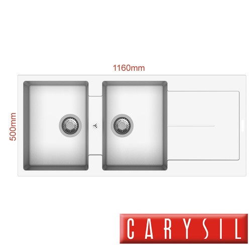 Carysil Enigma Snova White Double Bowl Granite Kitchen Sink with Drainboard for Australian Homes