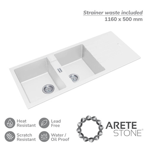 White Granite Double Bowl Kitchen Sink with Integrated Drainboard for Modern Australian Kitchens