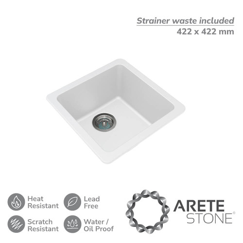 White Arete Square Granite Single Bowl Kitchen or Laundry Sink for Top or Undermount Installation - Australia-wide Delivery
