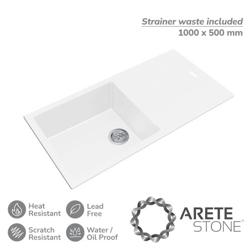 White Granite Single Bowl Kitchen Sink with Integrated Drainboard - Durable Quartz Composite Sink for Modern Australian Kitchens