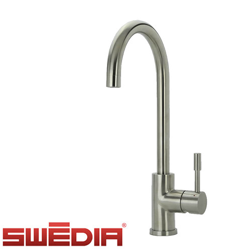 Classic brushed chrome goose neck kitchen mixer with single lever handle for modern Australian kitchens.