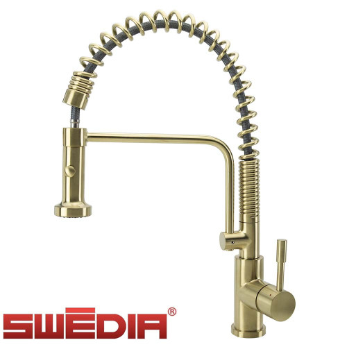 Brushed brass professional pull-out kitchen mixer tap with spring goose neck and dual-flow spray, available at Renovator Store Australia.