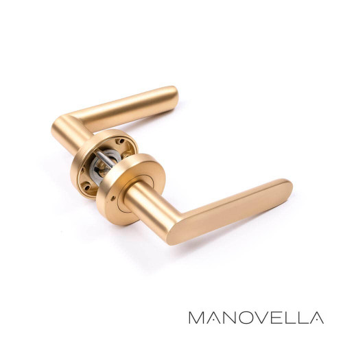 Modern Manovella Fairhaven Satin Brass Privacy Door Lever Handle on Round Rose for Australian Home Interiors