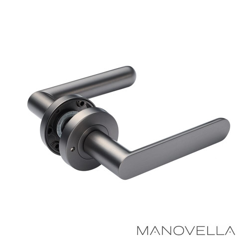 Manovella Fairhaven Gunmetal Privacy Door Lever Handle with Round Rose for Modern Australian Bathrooms and Bedrooms