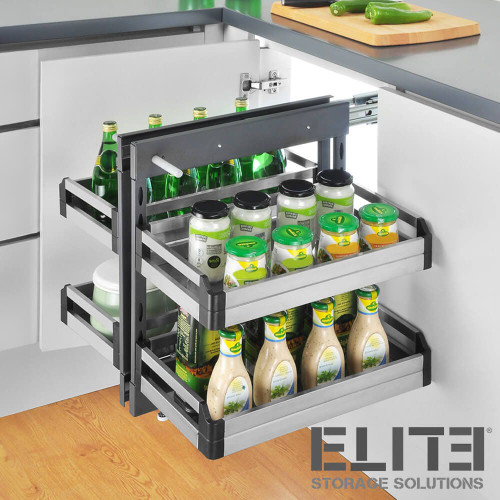 Modern stainless steel blind corner cabinet pull-out organizer with two-tier wire baskets for efficient kitchen storage in Australia.