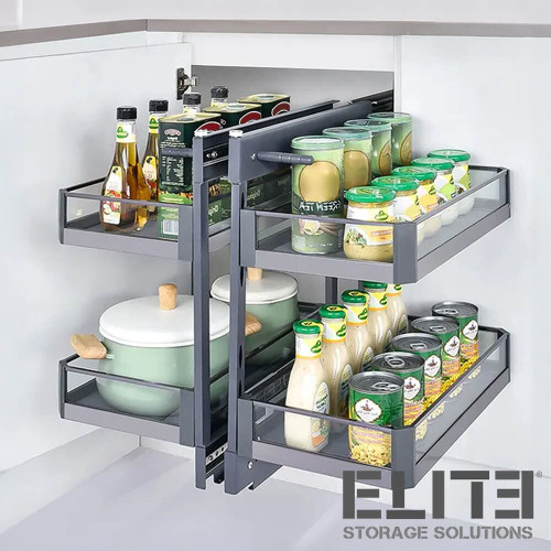 Modern kitchen blind corner cabinet featuring a pull-out organizer with glass-bottom baskets for optimized storage in Australian homes.