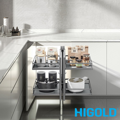 Higold Shearer Style show hand magic corner pull out kitchen storage with dark grey baskets for blind corner cabinets in Australia