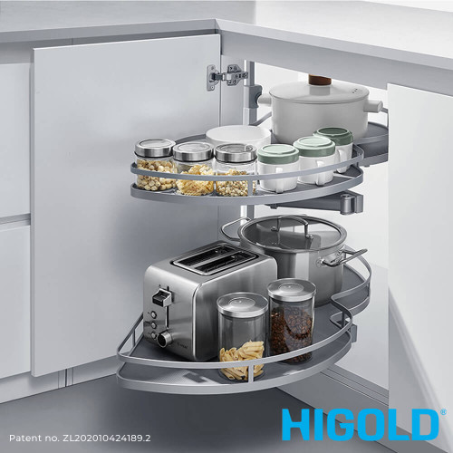 Higold Diamond Style Swing Out Kitchen Corner Storage, Grey Soft-Close Blind Corner Organiser for 900mm Cabinets, Australia.