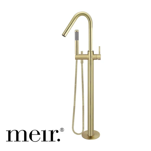 Meir Tiger Bronze Gold Round Floor Standing Bath Mixer Tap with Hand Shower for Australian Luxury Bathrooms.