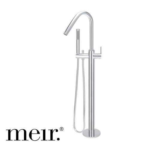Meir Round Freestanding Bath Mixer and Hand Shower with Paddle Handle in Polished Chrome for modern Australian bathrooms.