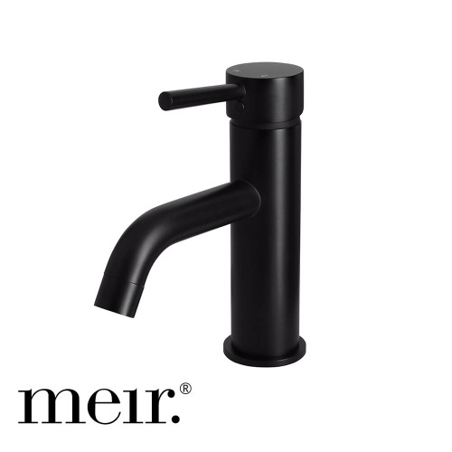 Meir Matte Black Round Curved Basin Mixer Tap for modern Australian bathrooms.