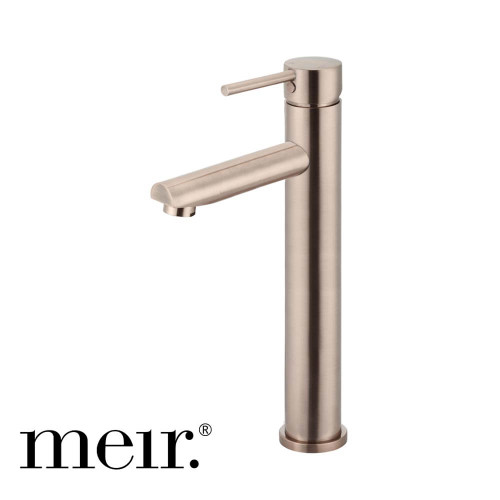 Meir Round Tall Basin Mixer in Electroplated Champagne finish for above-counter bathroom sinks and basins.