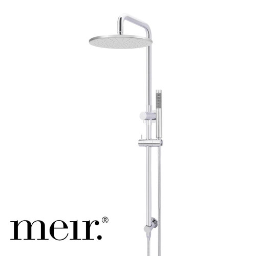 Meir Polished Chrome Round Shower Rail Set with 300mm Rain Shower Head and Single Function Hand Shower for modern Australian bathrooms.