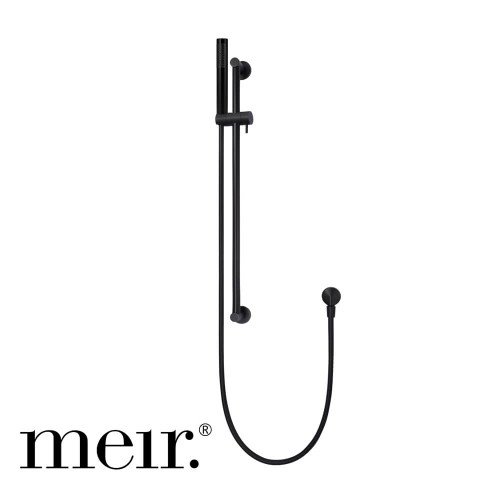 Meir Round Matte Black Hand Shower on Rail Column, minimalist adjustable bathroom shower rail with handheld massage wand, available for delivery across Australia.