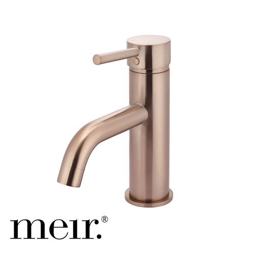 Meir Champagne Rose Gold Round Basin Mixer Tap with Extended Spout, Australian Designed Luxury Bathroom Tapware.