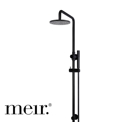 Meir Round Combination Matte Black Shower Rail Set with 200mm Rain Head and Handheld Wand for Modern Australian Bathrooms.
