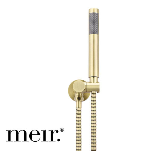 Meir Round Hand Shower on Fixed Bracket in PVD Tiger Bronze finish, featuring a slimline design and flexible hose, available at Renovator Store Australia.