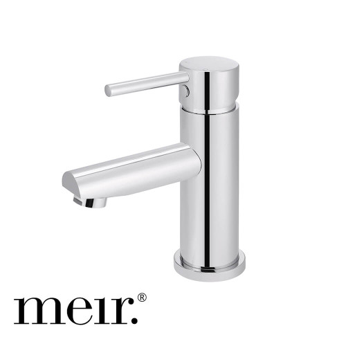 Meir Round Polished Chrome Basin Mixer Tap for modern Australian bathrooms. SKU MB02-C. Luxury solid brass vanity sink mixer with WELS 5-star rating for water efficiency. Available for delivery in Melbourne, Sydney, and Australia-wide.