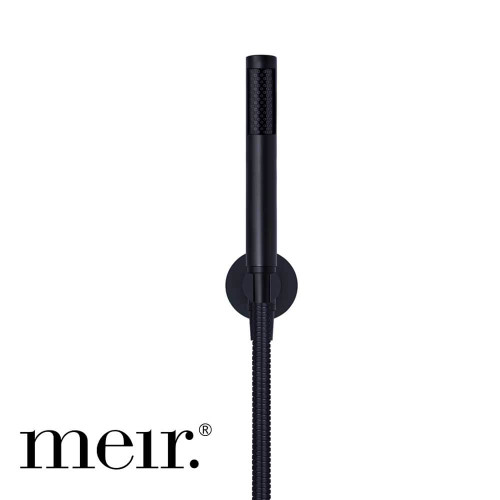 Meir Round Hand Shower on Fixed Bracket in Matte Black finish for modern Australian bathrooms.