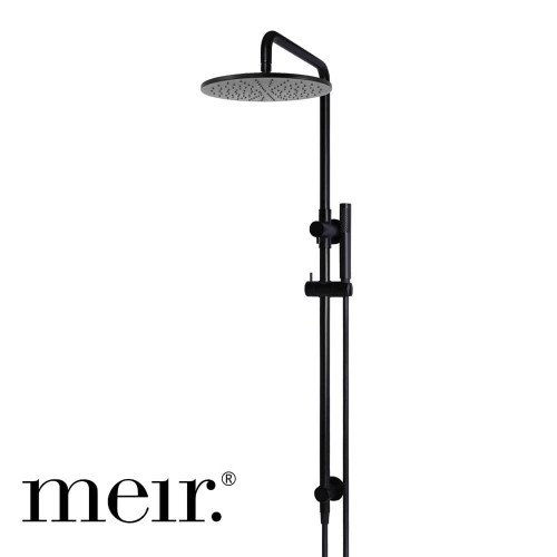 Meir Round Matte Black Combination Shower Rail Set featuring a 300mm rain shower head and a single-function handheld wand, available at Renovator Store for modern Australian bathroom upgrades.