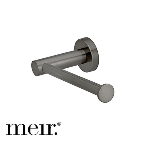 Meir Round Brass Toilet Roll Holder in PVD Shadow gunmetal finish for modern Australian bathroom renovations.