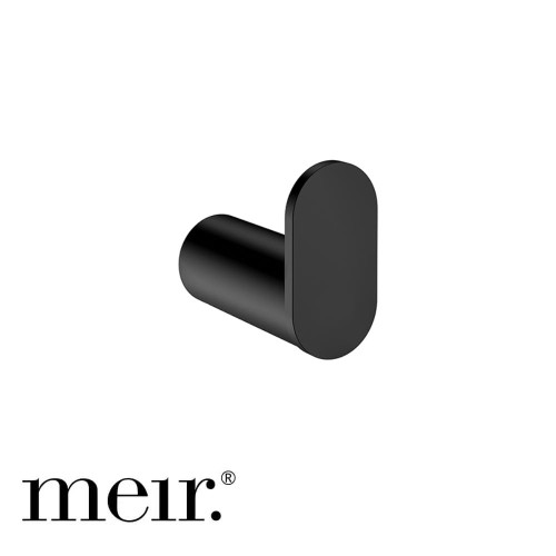 Meir Curvae Single Robe Hook in Matte Black for modern Australian bathroom renovations.