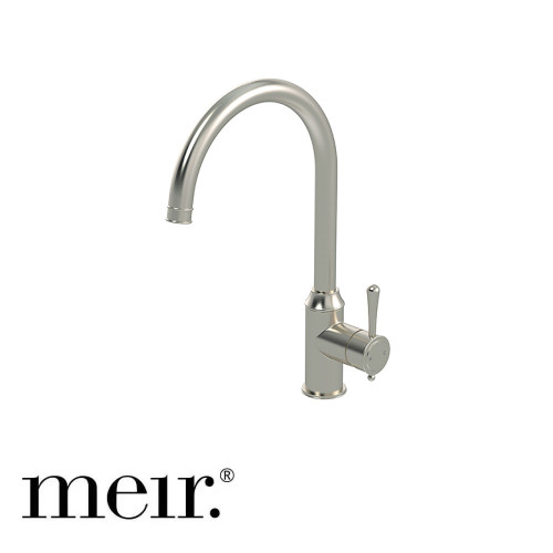 Meir Harrington Kitchen Mixer in Brushed Nickel featuring a high arched swivel spout and solid brass construction for modern Australian kitchens.
