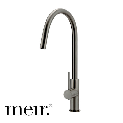 Meir Round Piccola Pull Out Kitchen Mixer Tap in PVD Shadow Finish, WELS 5-Star Rated, Modern Solid Brass Sink Faucet for Australian Kitchens and Laundries.